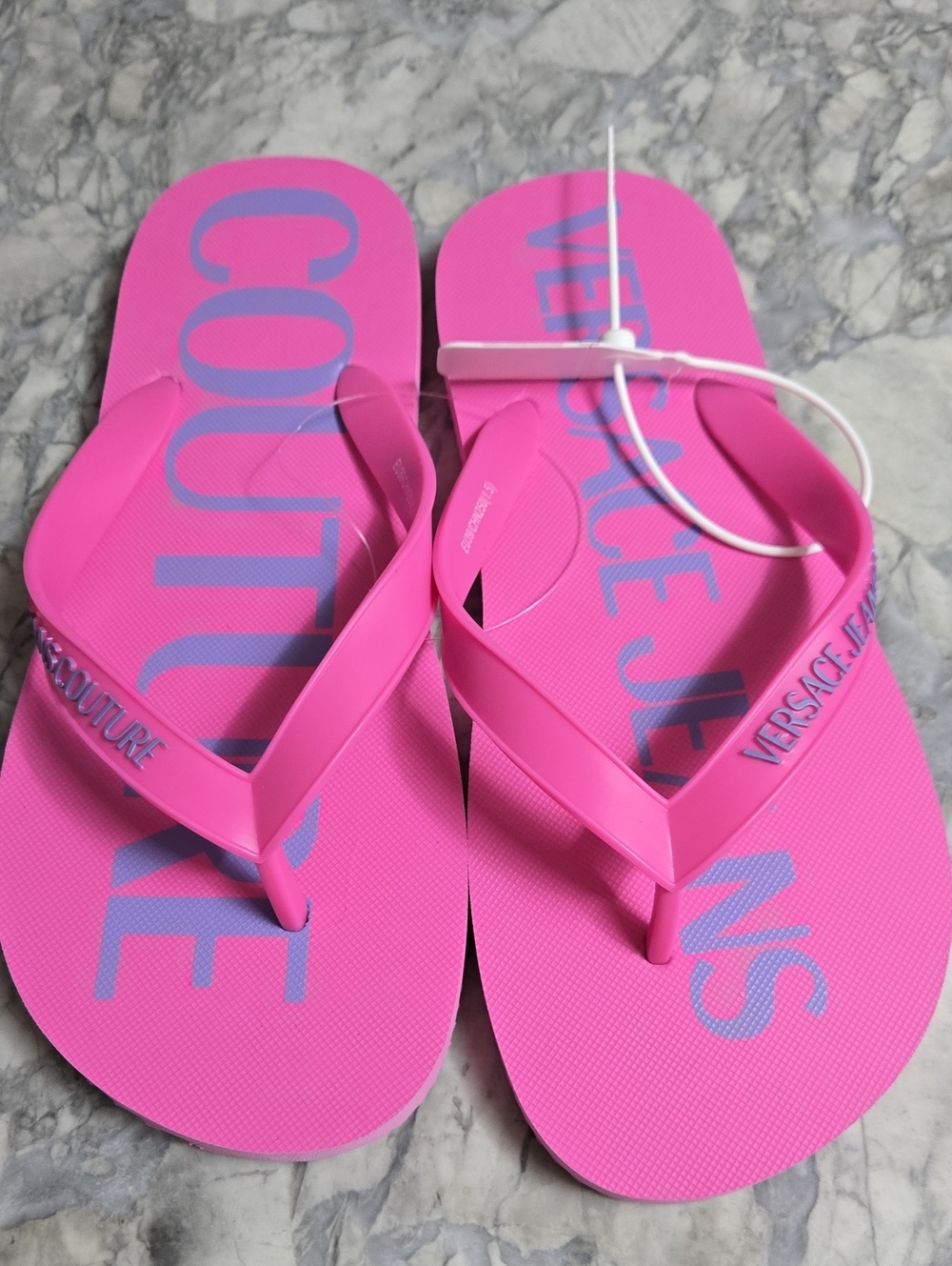 Versace Pink Flip Flop Sandals with Blue Logo